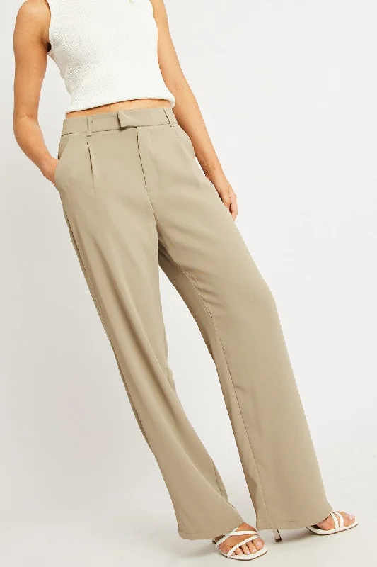 Brown Wide Leg Pants Mid Rise Comfy Zip-Up Pants