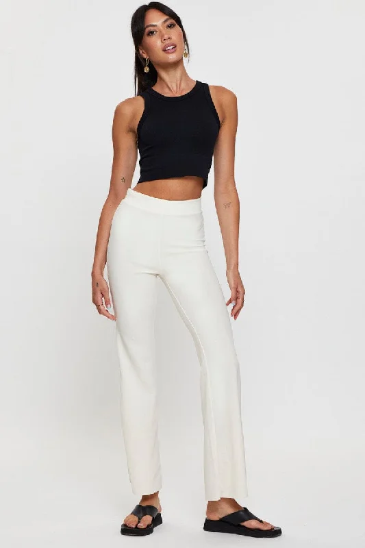 White Flare Pants High Rise Fashionable Button-Up Pants