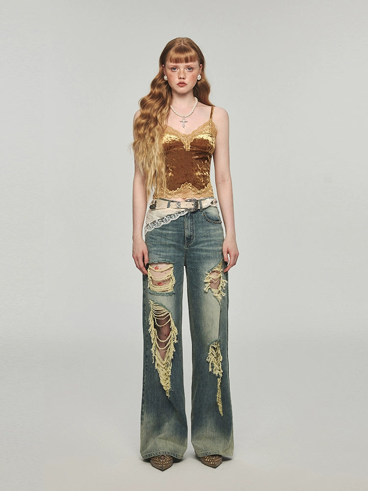 Denim Distressed Wide-Leg Pants Formal Dress Pants