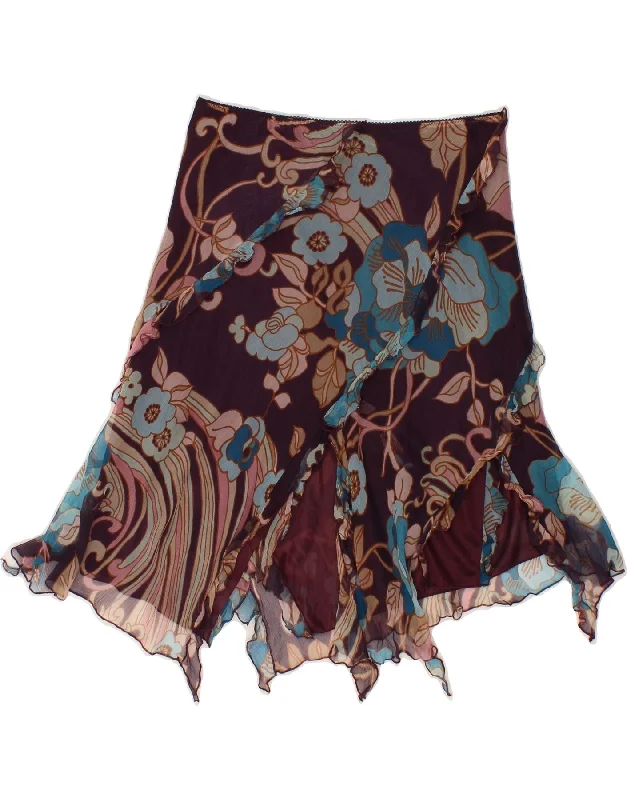 BENETTON Womens Asymmetrical Skirt IT 42 Medium W32 Purple Floral Silk denim skirt fashionable