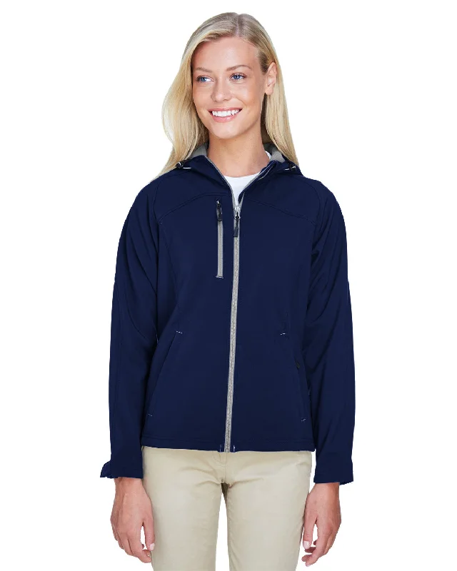 North End 78166 Ladies' Prospect Two-Layer Fleece Bonded Soft Shell Hooded Jacket One-Shoulder Jacket Off-the-Shoulder Jacket Asymmetrical Jacket