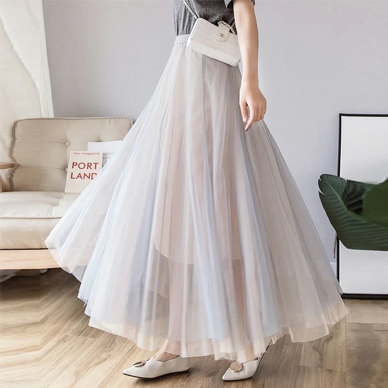 Wjczt Women Casual High Waist Hit Color Gauze Skirts Elegant Korean Mesh Long Dress Vintage Y2K Harajuku Midi A Line Skirts Clothing Tunics Trousers formal