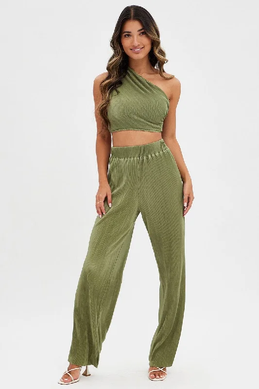 Green Plisse Pants Wide Leg Comfortable Cargo Pants