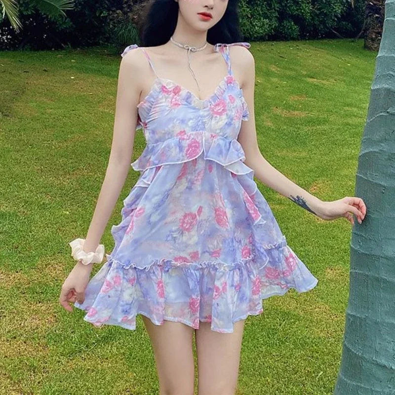 Wjczt Spaghetti Strap Dress Women Ruffles Sexy Japanese Sweet Princess Dress Female Beach Holiday Floral Mini Boho Dress 2024 Summer Tunics stripes playful