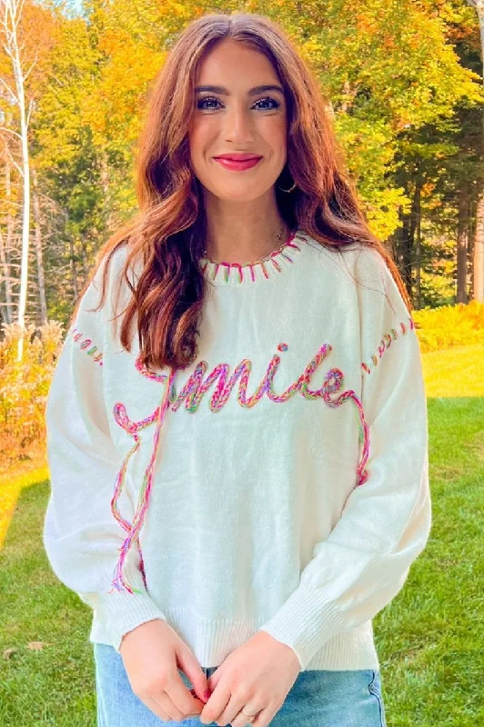 Smile Big Sweater - Cream Front Pockets Side Pockets Patch Pockets