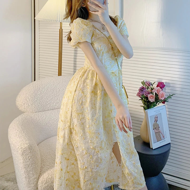 Wjczt Lace Vintage Fairy Dress Women Yellow Floral Print French Sweet Dress 2024 Summer Holiday Party Long Split Dress Female Korean Tunics Stylish elegant