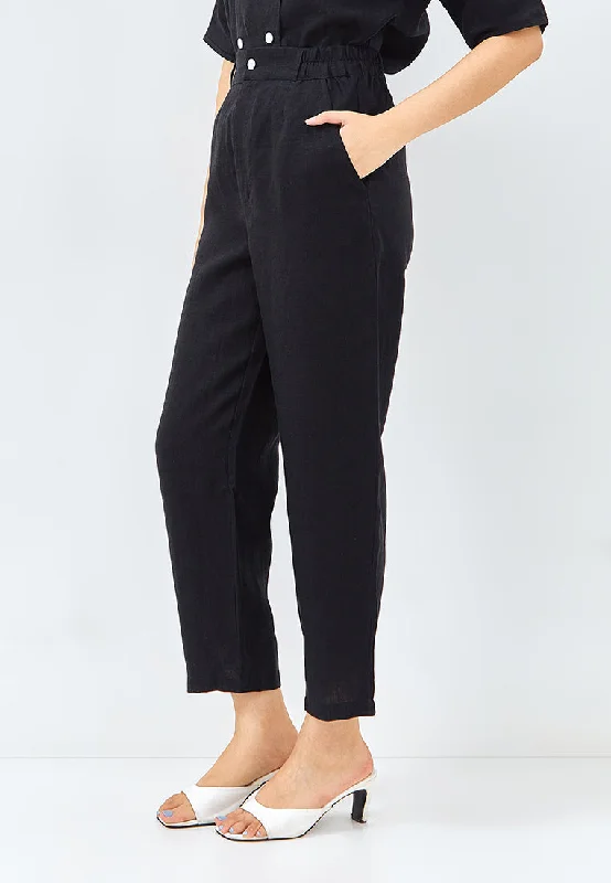 Linen Tapered Pants in Black Relaxed Casual Leggings