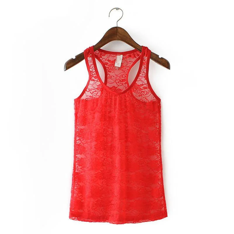 Womens SEXY See Through Lace Tank Tops Women Solid Pink Lace Vests Red Sleeveless Tops XS S M L high neck tank