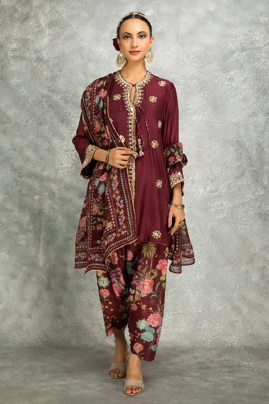 Wine Mirror Embroidered Angrakha With Printed Pants & Dupatta Set Of 3 Relaxed Lounge Trousers