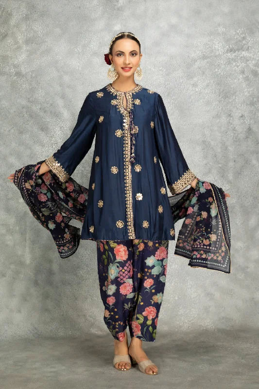 Blue Mirror Embroidered Angrakha With Printed Pants & Dupatta Set Of 3 Trendy High-Waist Trousers