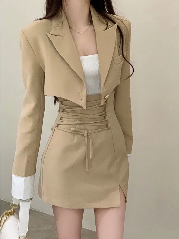 2 Piece Dress Set Women Casual Y2k Crop Tops Elegant Jacket Coats + Mini Skirts Korean Fashion Suits 2024 Spring Blazers Dress Toggled Jacket Drawstring Jacket Belted Jacket