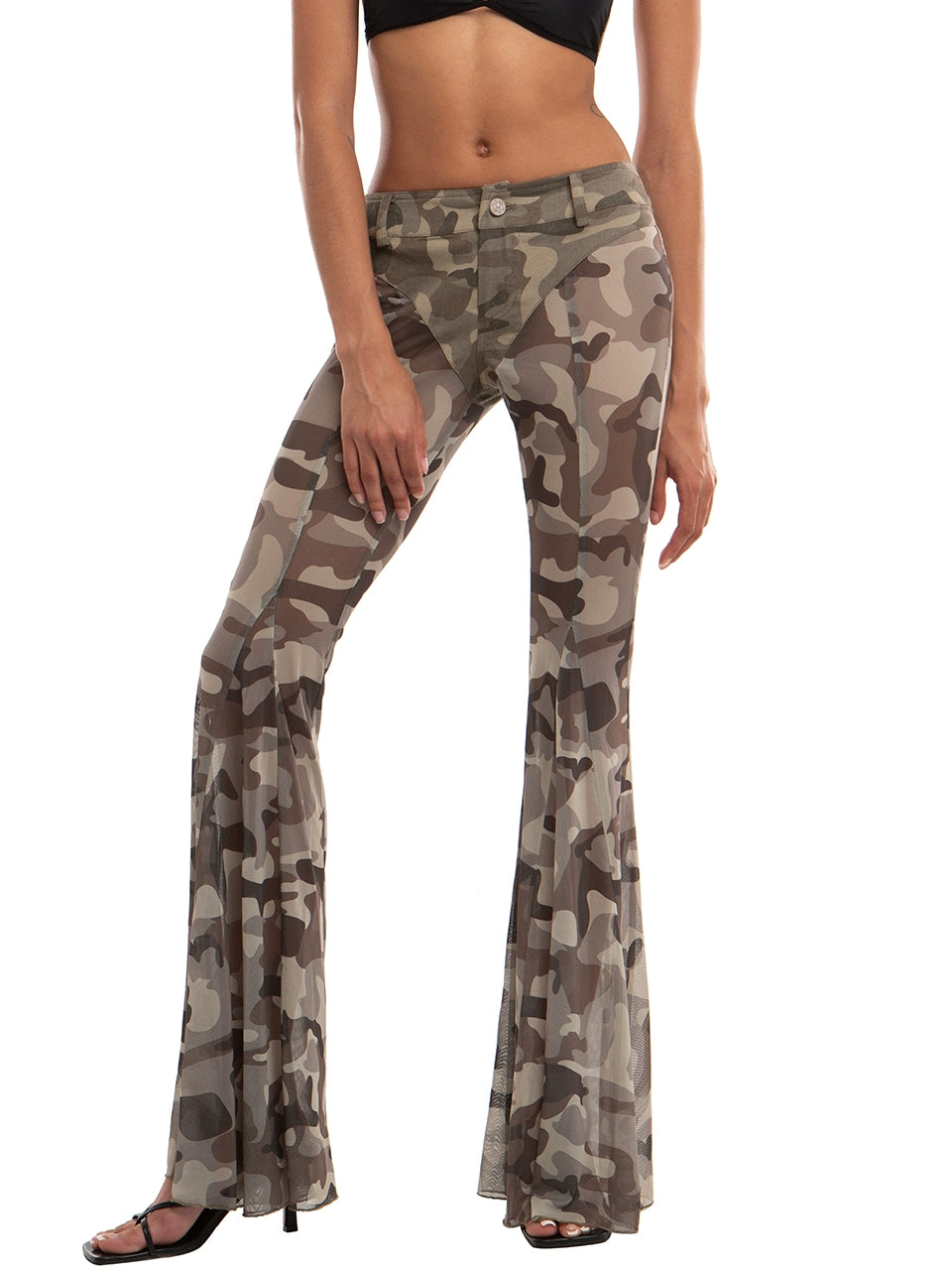 Camouflage Print Patchwork Mesh Flare Pants Comfy High-Waist Jeans