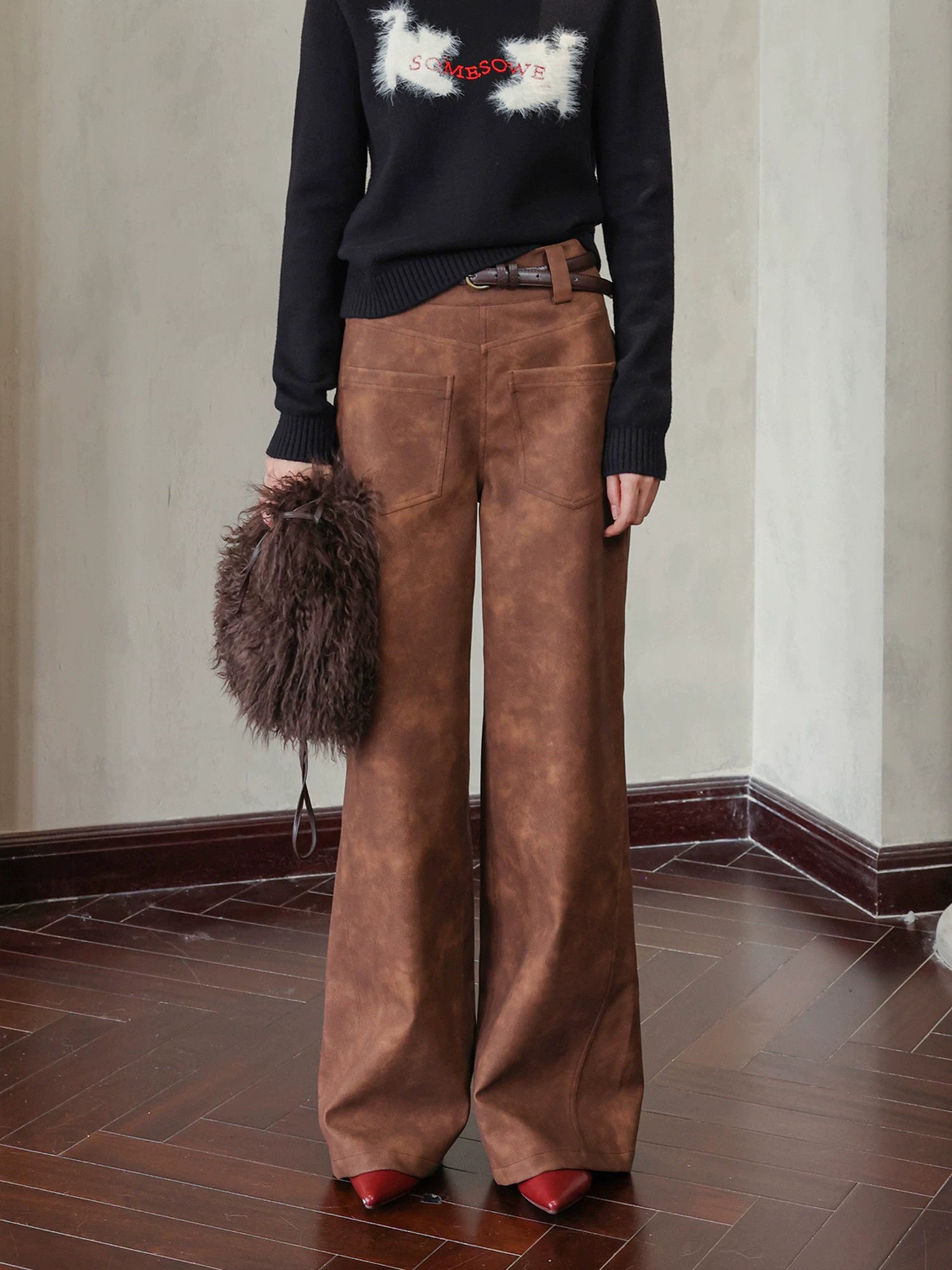 Brown Faux Leather Straight-Leg Pants Casual Skinny Fit Pants