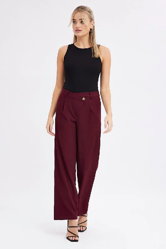 Red Wide Leg Pants Low Rise Cross over Waistband Elegant High-Waist Pants