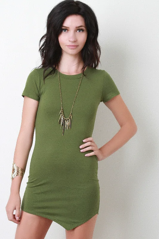 Asymmetrical Hem Round Neck Tee Dress Tunics Summer linen