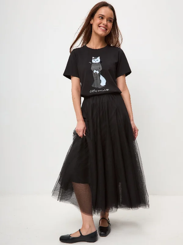 Elegance set: women's black T-shirt with a white cat and black tulle maxi skirt wool skirt breathable