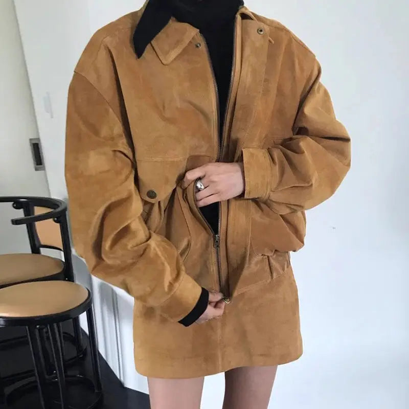 Retro casual versatile lapel collar loose long-sleeved jacket + A-word skirt corduroy two-piece set Front Pockets Side Pockets Patch Pockets