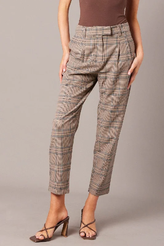 Blue Check Tapered Pants High Rise Trendy Tapered Pants