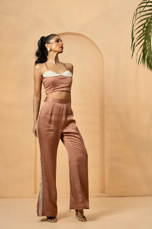 Mettalic Rose Gold Pant Top Set Formal Linen Trousers