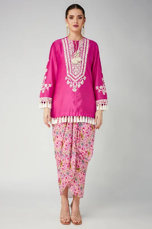 Rani Pink Chanderi Silk Embroidered Kurta and Pink Drape Skirt Set denim skirt classic