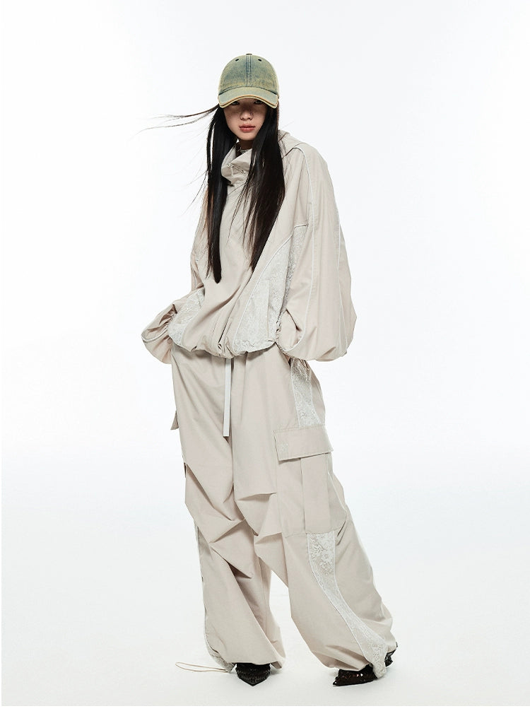 Black & Beige Wide-Legged Windbreaker Pants Classic Cropped Pants