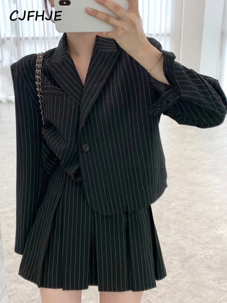 CJFHJE Fashion Stripe Blazer Women Autumn Notched Single Breasted Suit Korean Elegant Jacket High Elastic Waist Pleated Skirt Elasticated Jacket Padded Jacket Insulated Jacket