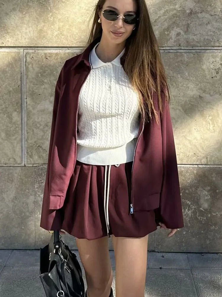 Vintage Women Tied Lantern Mini Burgundy Skirt 2024 New Fashion Zipper Jacket Women Suit Casual 2 Piece Set Ladies Outfit Satin Jacket Silk Jacket Chiffon Jacket