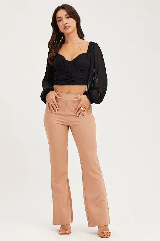 Beige Flare Pants Mid Rise Trendy Wide-Leg Pants