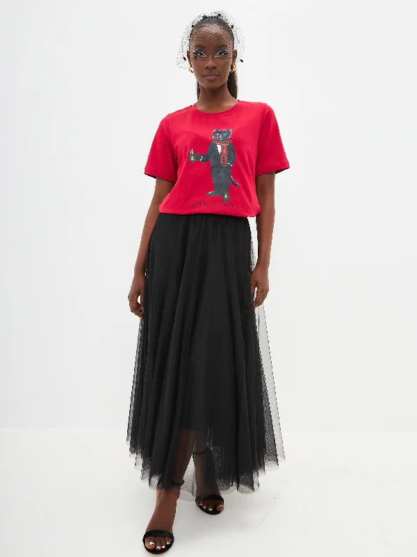 Christmas set: women's red T-shirt with a black Cat and a black tulle maxi skirt lace skirt elegant