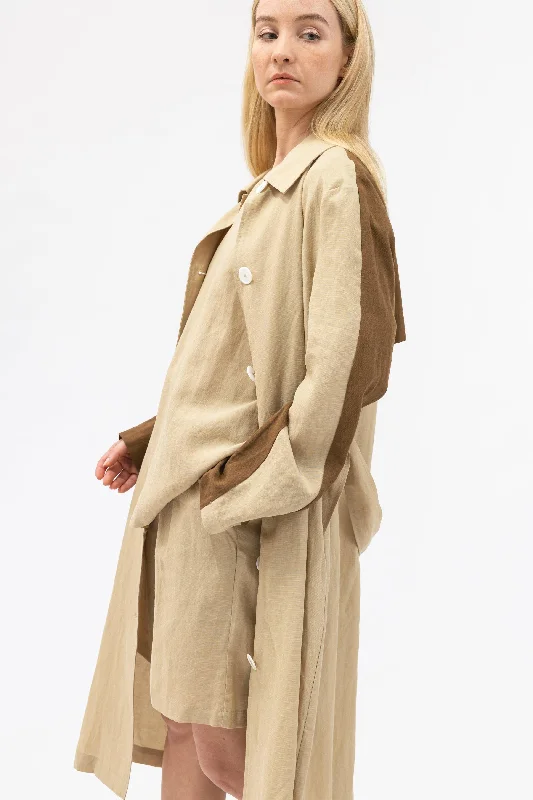 Bamboo Color Blocked Linen Long Shirt Jacket Insulated Jacket Fitted Jacket Loose Jacket