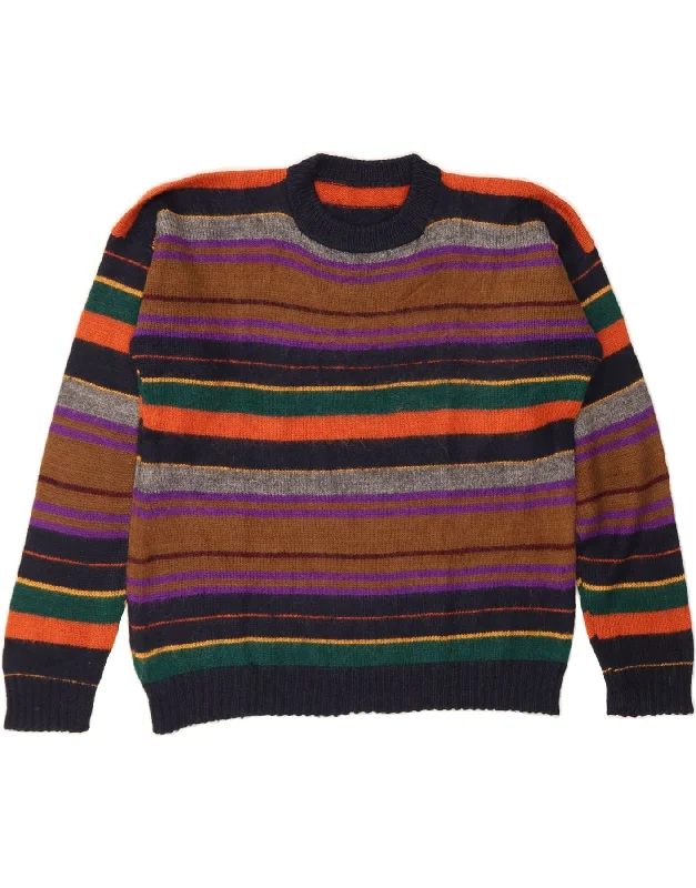 VINTAGE Womens Crew Neck Jumper Sweater UK 16 Large Multicoloured Striped Chenille Brocade Lace