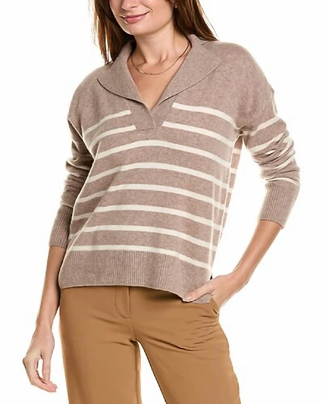 Notch Collar Stripe Sweater In Mocha Mesh Blend Leather Blend Suede Blend