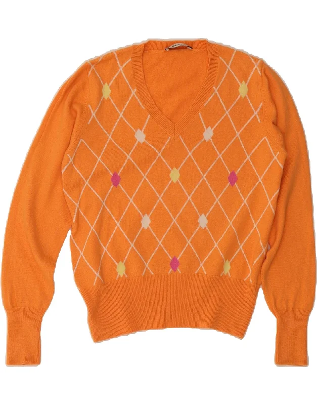 BURLINGTON Womens V-Neck Jumper Sweater UK 10 Small Orange Argyle/Diamond Welt Pockets Slit Pockets Flap Pockets