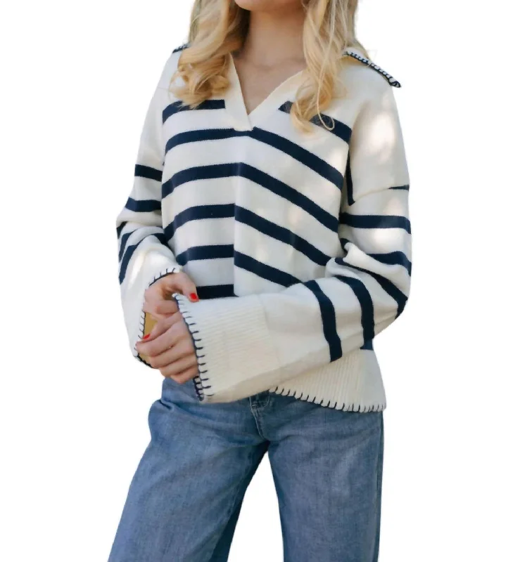 Stripe Sweater In Navy Graphic Sweater Embroidered Appliqued