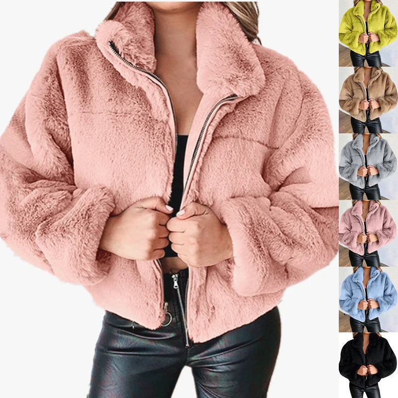 Rabbit Fur Imitation Fur Zipper Plush Warm Pink Jacket Long Sleeve Short Coat Winter Women Crop Top Casual New In Outwear Cloth Herringbone Jacket Checkered Jacket Solid Jacket