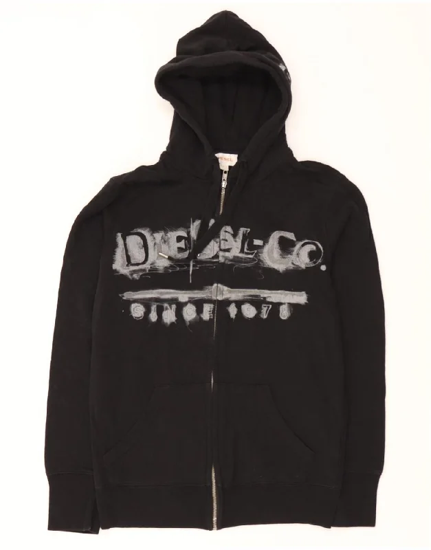 DIESEL Womens Graphic Zip Hoodie Sweater UK 16 Large Black Cotton Boat Neck Shawl Collar Notched Collar