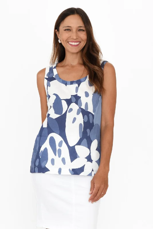 Katsia Blue Abstract Linen Cotton Tank lace back tank