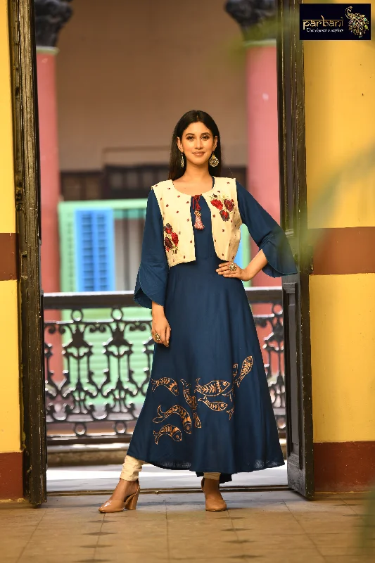 Stunning Dark Blue Color Hand-crafted Long Kurti with Jacket Rayon Fabric Velvet Fabric Corduroy Fabric