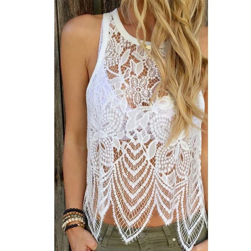 White Women Lace Crochet Vest Tank Top Casual Sleeveless Blouse plus size peekaboo tank top