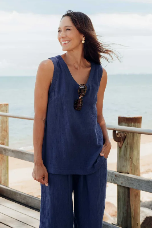 Reuben Navy Cotton Cheesecloth Tank flowy tank top