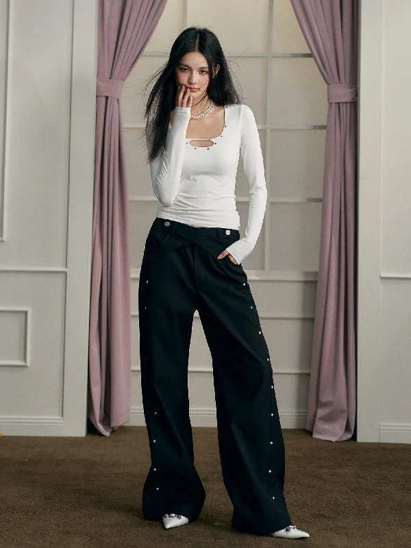 Black Bead-Embellished Wide-Leg Pants Comfortable Pleated Pants