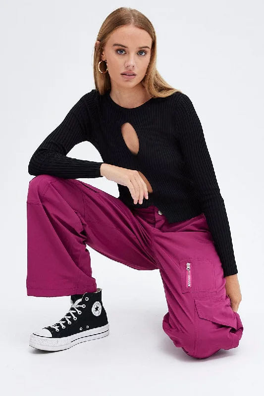 Purple Cargo Pants Mid-Rise Wide Leg Parachute Elegant Trouser Pants