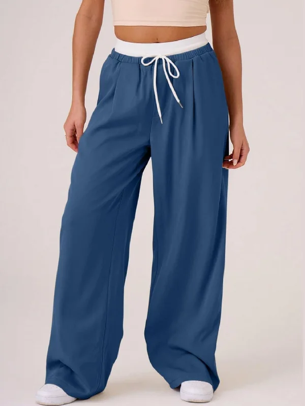 Hazel Blues® |  Contrast Waistband Drawstring Wide Leg Pants Soft Wool Pants