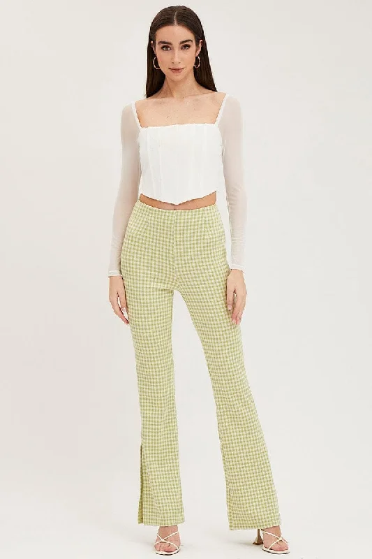 Check Flare Pants High Rise Trendy Wide-Legged Trousers