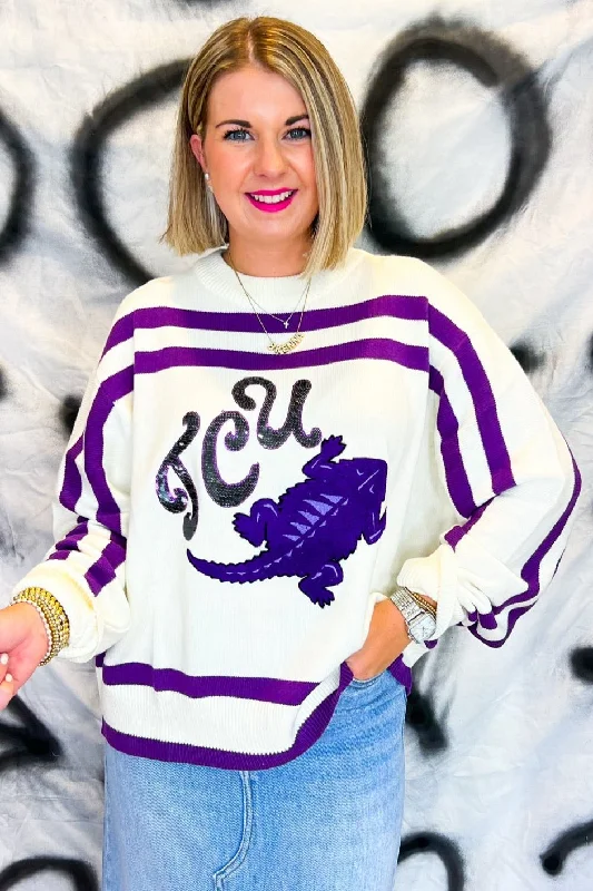 TCU Hornfrogs Stripe Sweater - White/Purple Open Front Closed Front Wrap Front