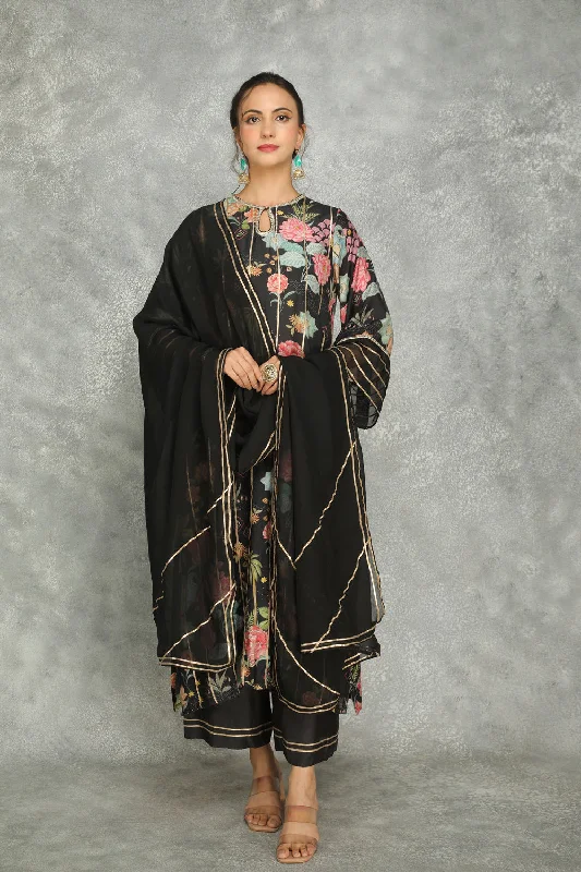 Black Printed Kurta With Pants And Dupatta Set Of 3 Classic Bootcut Trousers