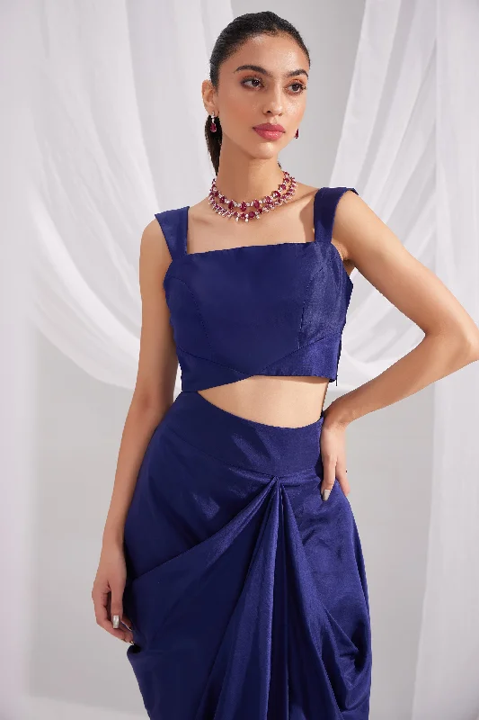 Midnight Blue Silk Bustier & Draped Skirt Set silk skirt lustrous