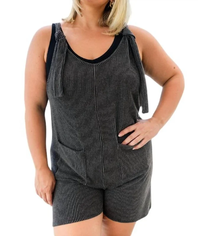 Ribbed Romper With Tie Tank Sleeves In Dark Grey cute tank top