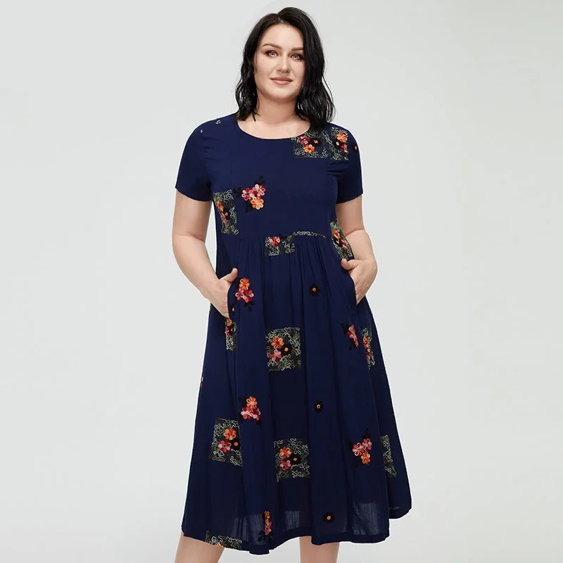 Wjczt Women's Summer Dress 2022 for Women Boho Casual Elegant Vintage Dress Linen Plus size Embroidery Flower Long with Pocket Tunics Print Colorful