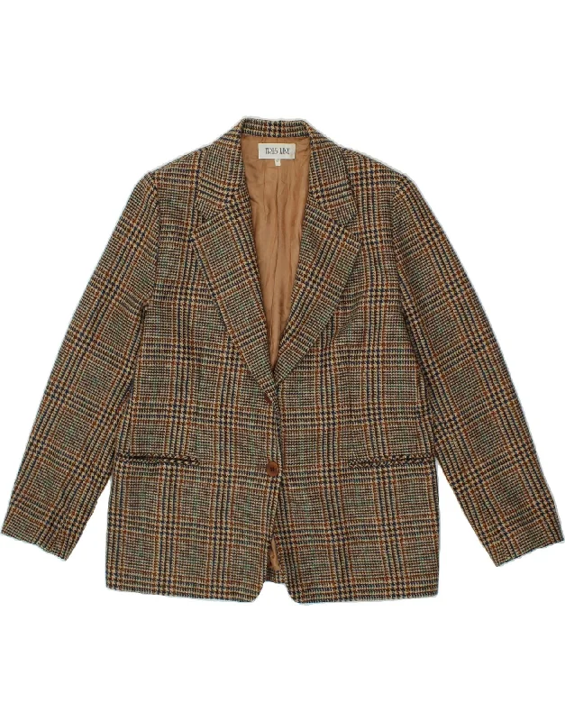 VINTAGE Womens 2 Button Blazer Jacket IT 47 Large Brown Houndstooth Wool Knit Fabric Woven Fabric Fleece Fabric